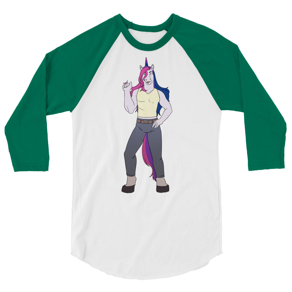 Front view of a white raglan shirt with green sleeves and a colorful unicorn character