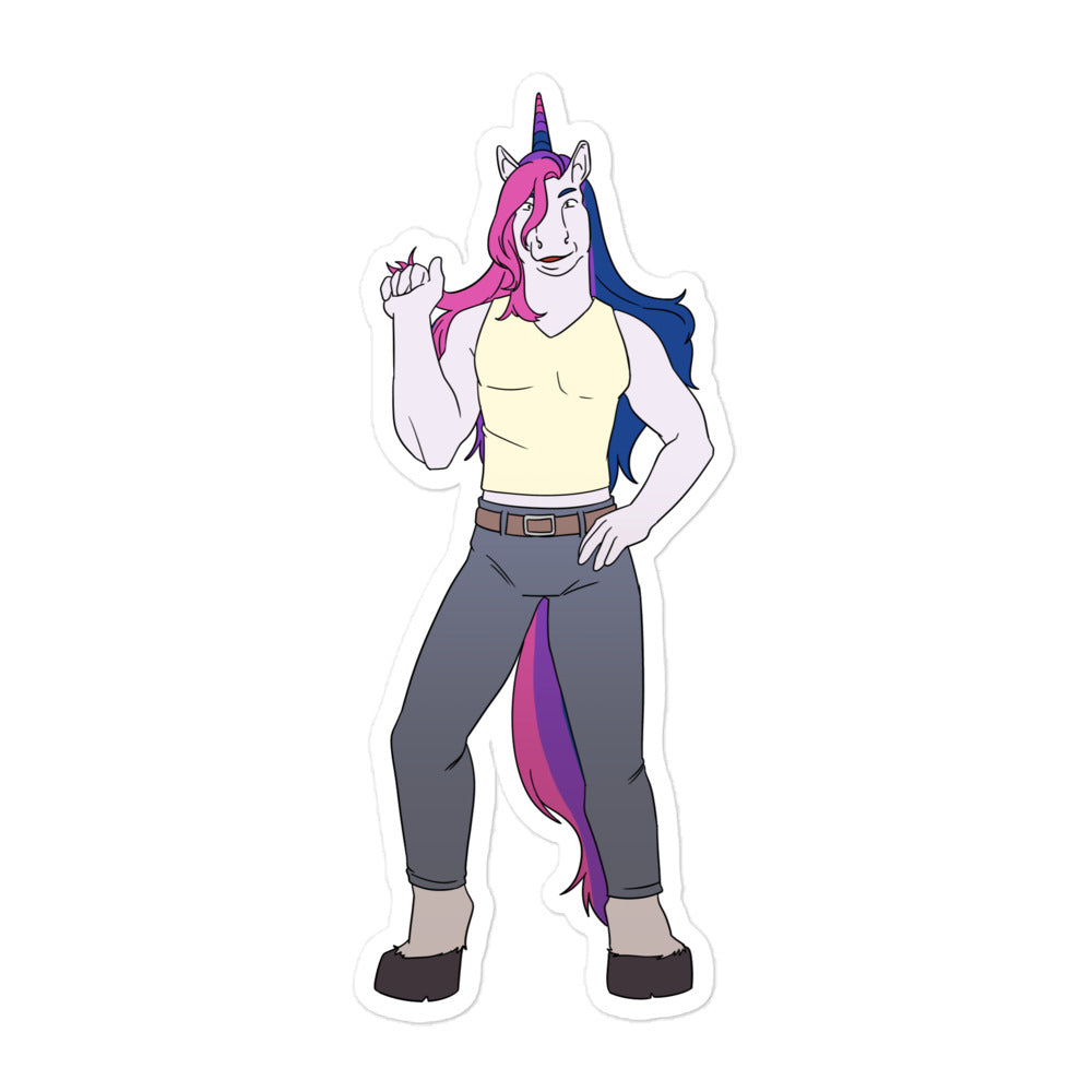 Full-body unicorn character sticker with pink and blue hair, horn, yellow top, and gray pants