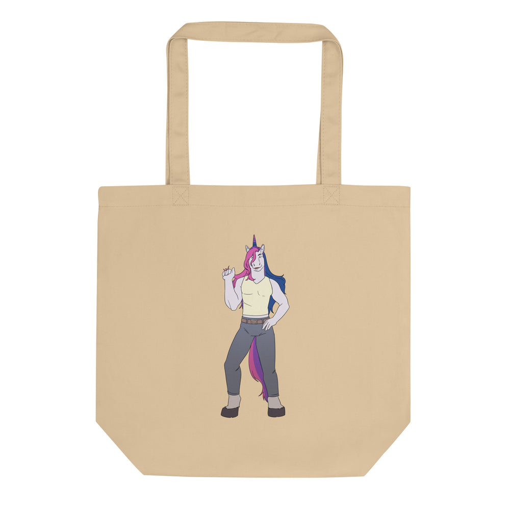 Natural canvas tote bag with a colorful unicorn person illustration on the front