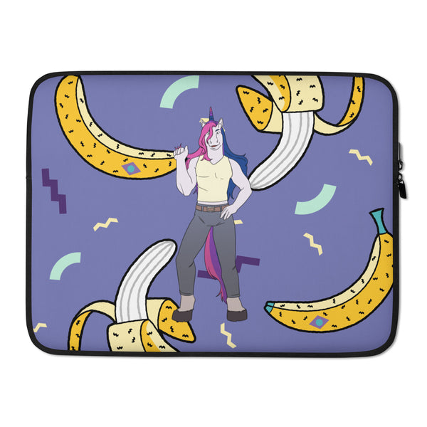 Laptop sleeve with a pink-haired unicorn figure among yellow banana-shaped unicorns