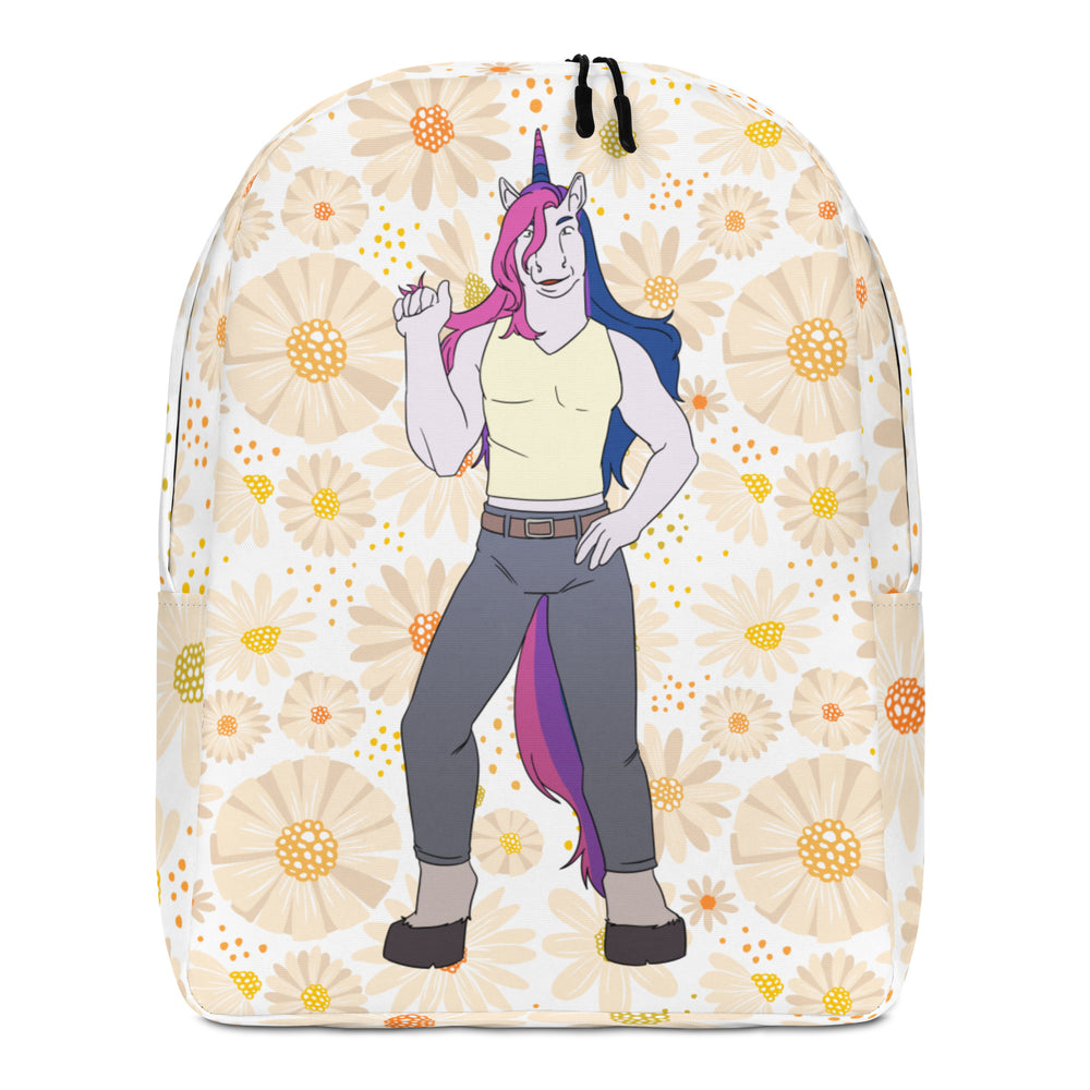 Front view of a floral-print backpack with a colorful unicorn character and black zippers