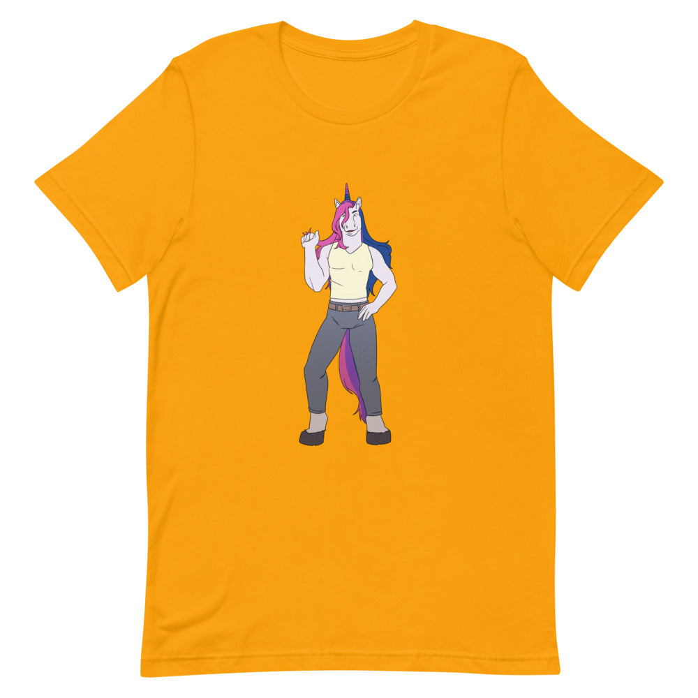 Front view of a golden-orange T-shirt with a colorful humanoid unicorn graphic