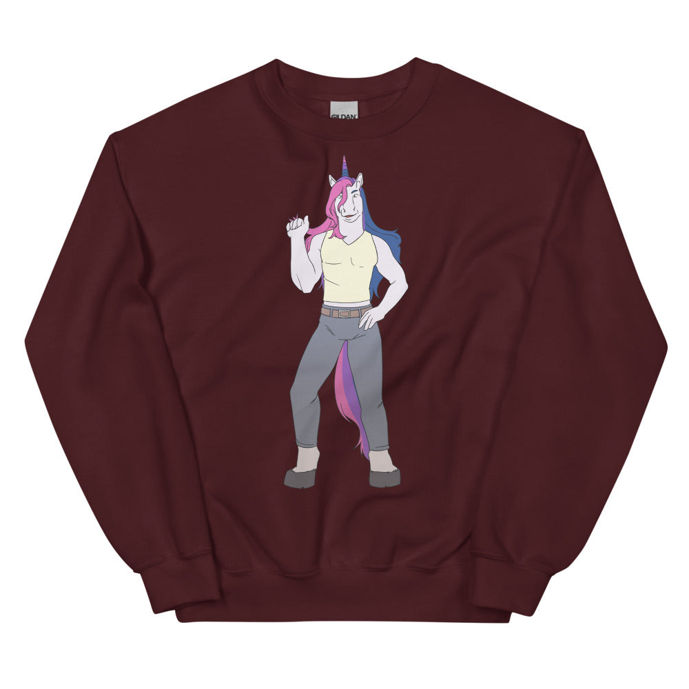 Maroon crewneck sweatshirt with a colorful muscular unicorn character graphic
