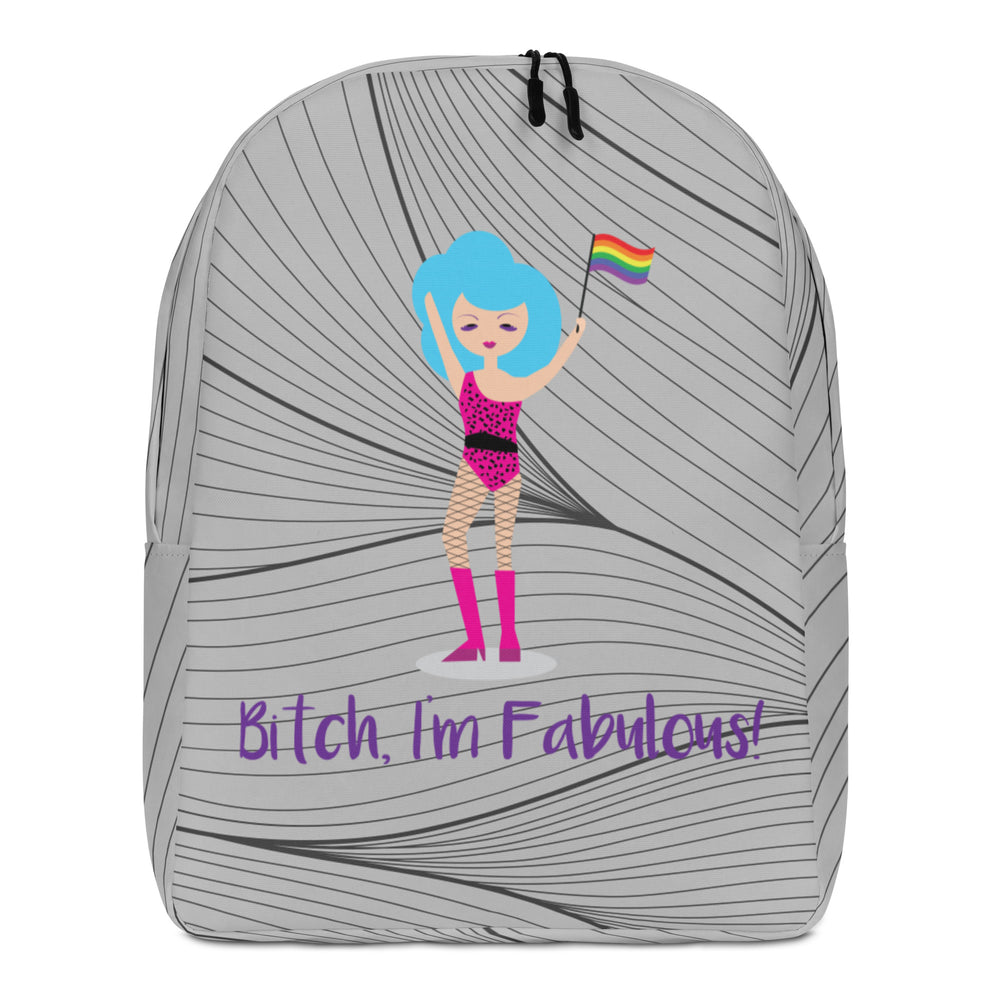 Front view of a gray backpack with a drag-style figure, rainbow flag, and “Bitch, I’m Fabulous!”