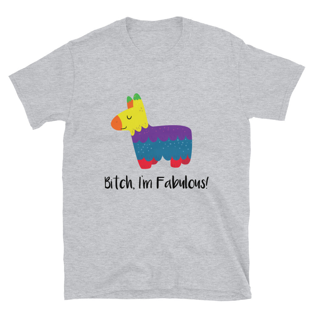 Gray T-shirt featuring a colorful llama graphic and the slogan “Bitch, I’m Fabulous!”