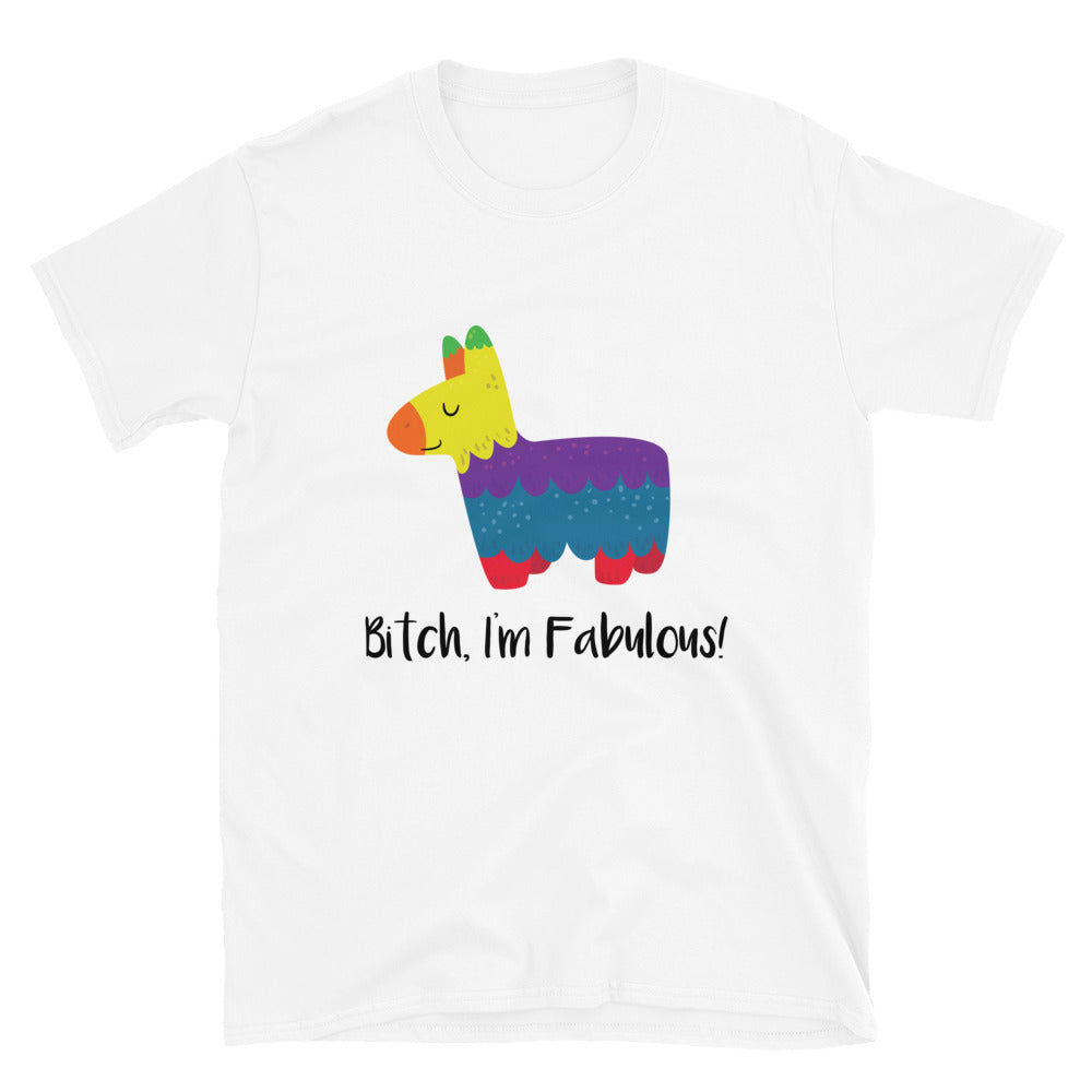 White T-shirt with a colorful cartoon llama and the slogan “Bitch, I’m Fabulous!”