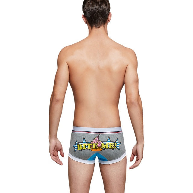 Rear view of gray boxer briefs with colorful unicorn “BITE ME” graphic