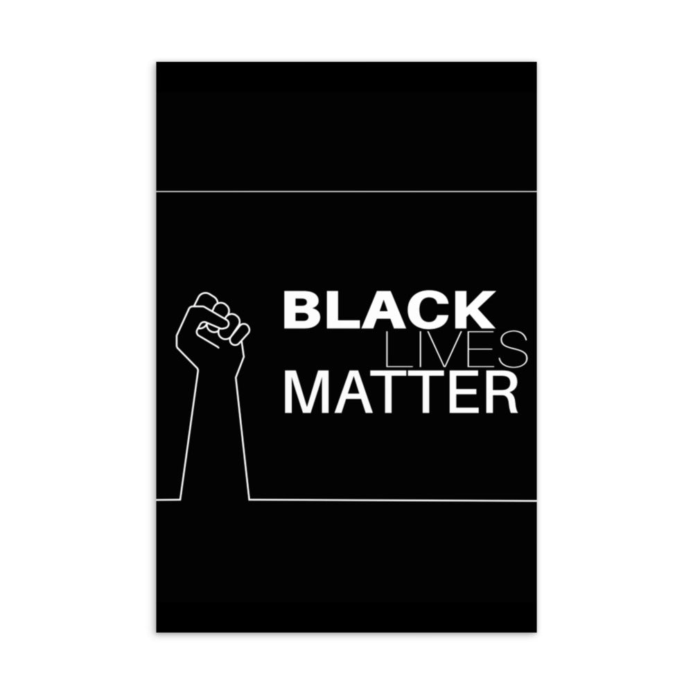 Black postcard reading “BLACK LIVES MATTER” with a raised-fist outline