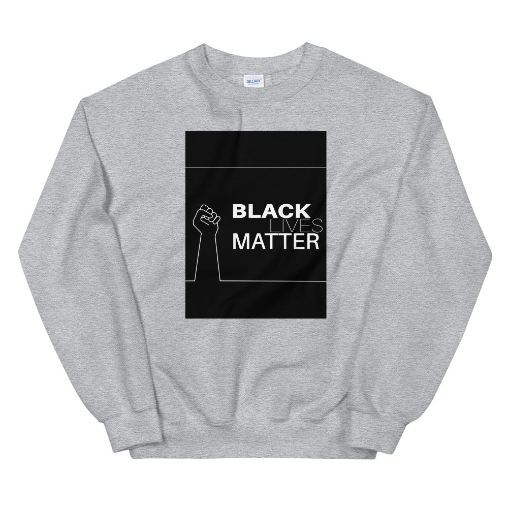Gray sweatshirt with black rectangular graphic reading “BLACK LIVES MATTER” and raised fist outline