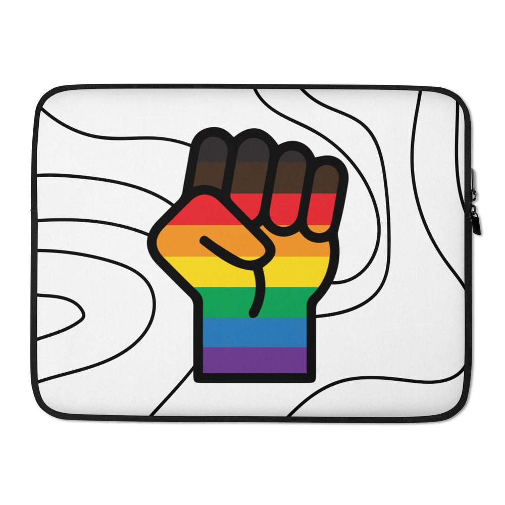 Laptop sleeve with a raised fist in rainbow Pride stripes on a white abstract-line background
