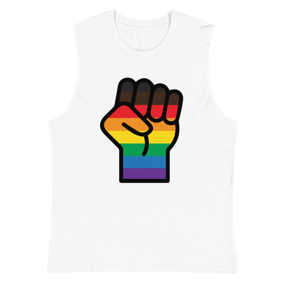 White sleeveless muscle tank with a raised fist in rainbow Pride stripes