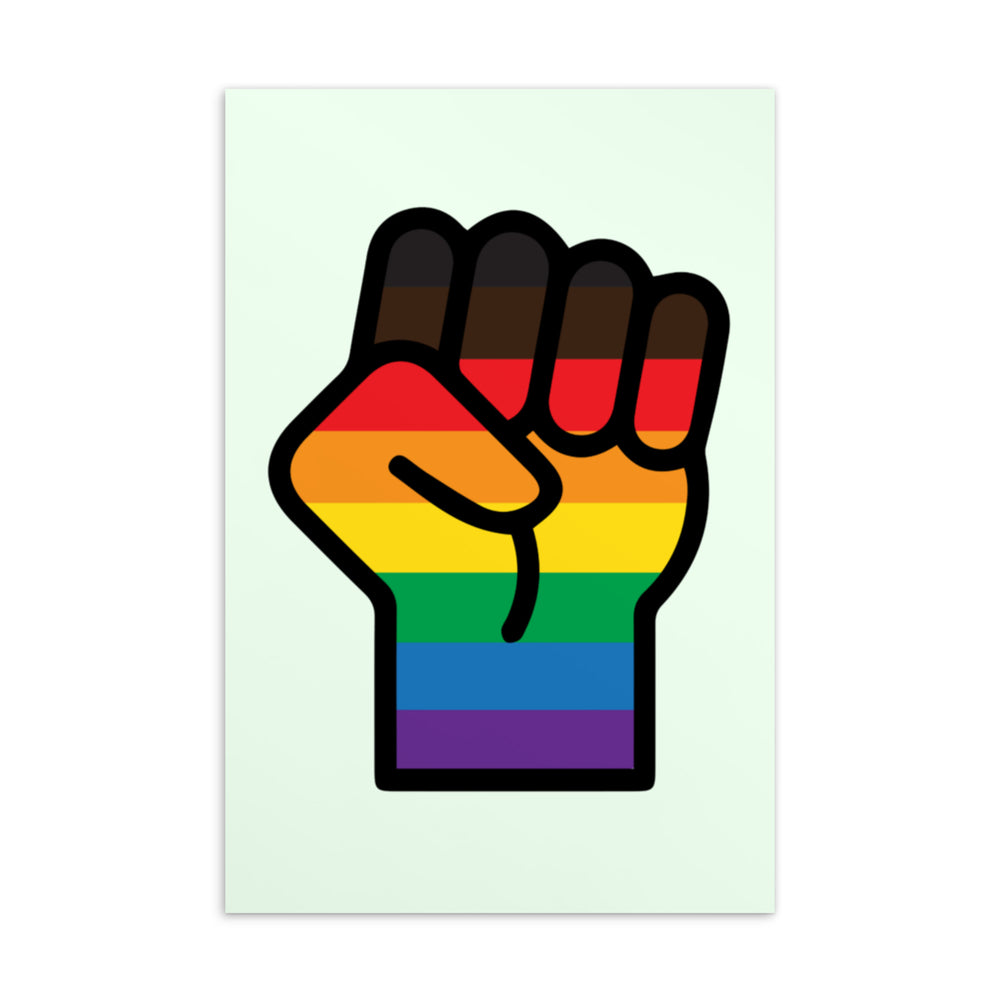 Postcard showing a raised Black fist filled with rainbow Pride stripes