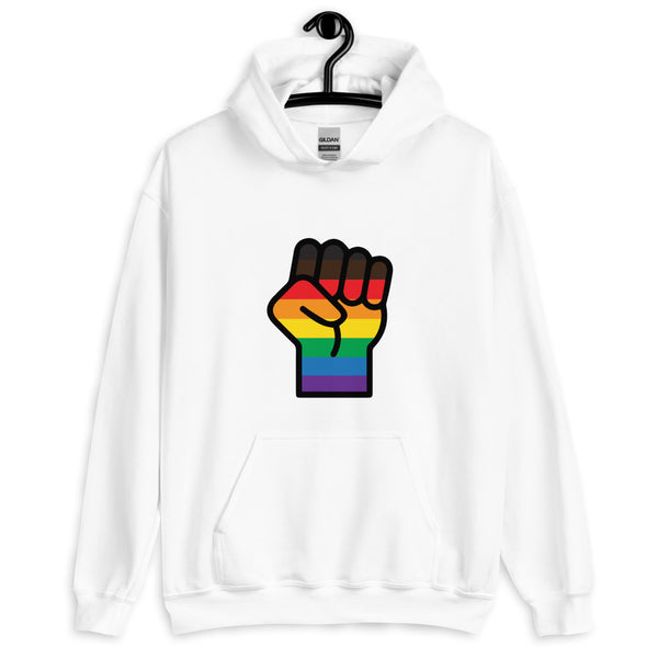 Front view of a white hoodie with a raised fist in rainbow Pride stripes
