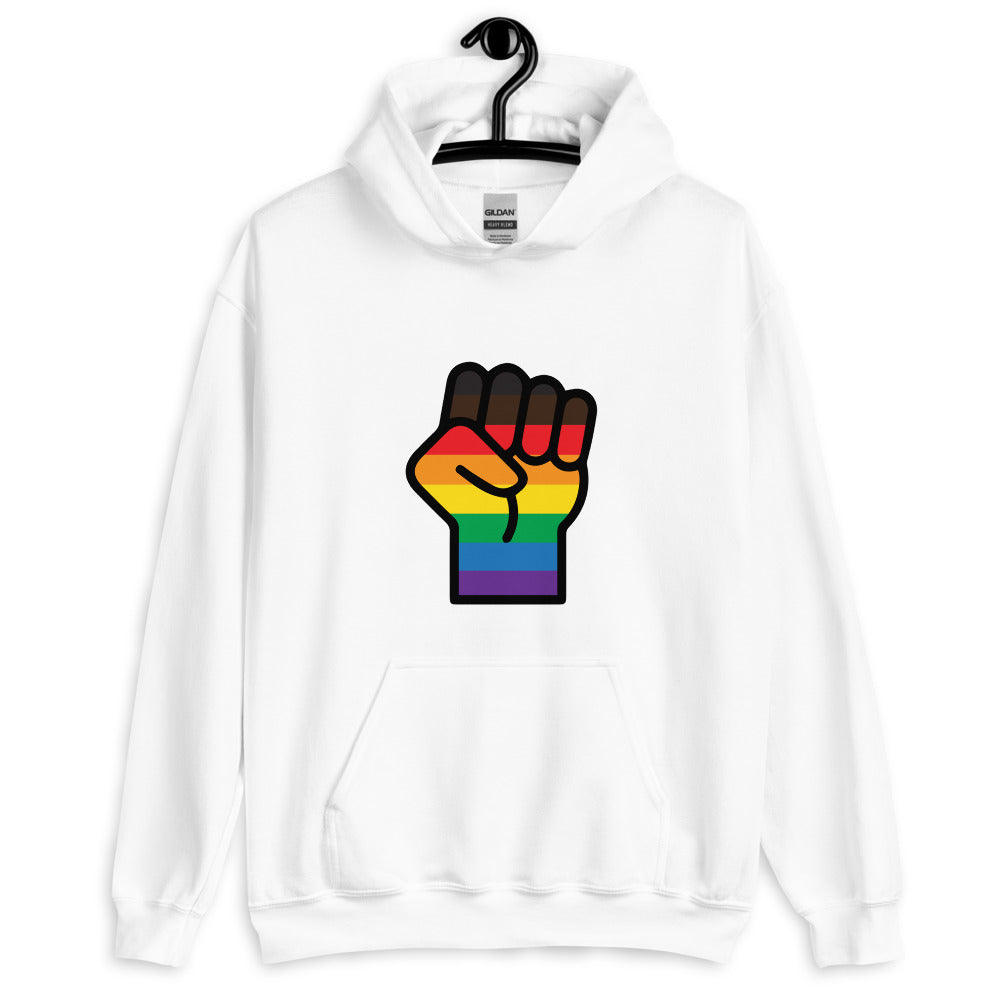 Front view of a white hoodie with a raised fist in rainbow Pride stripes