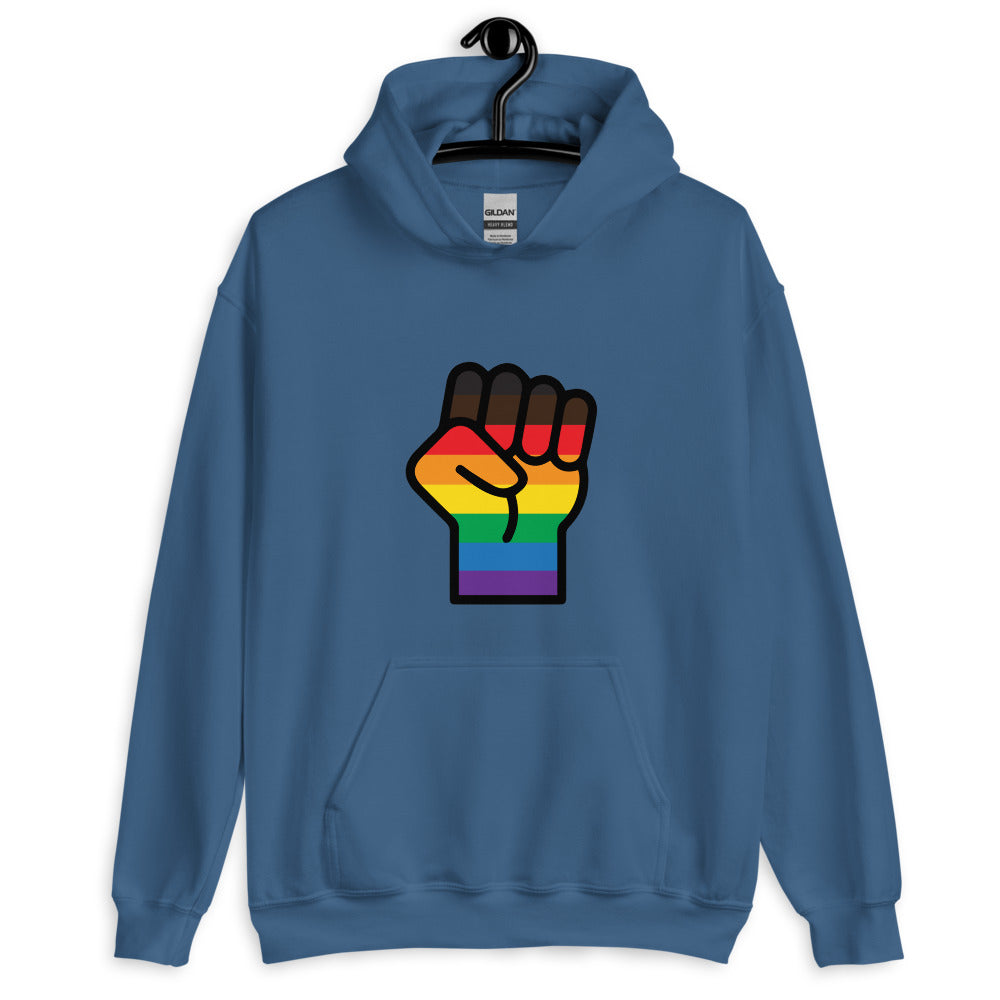 Front view of a blue pullover hoodie with a rainbow-striped raised-fist graphic