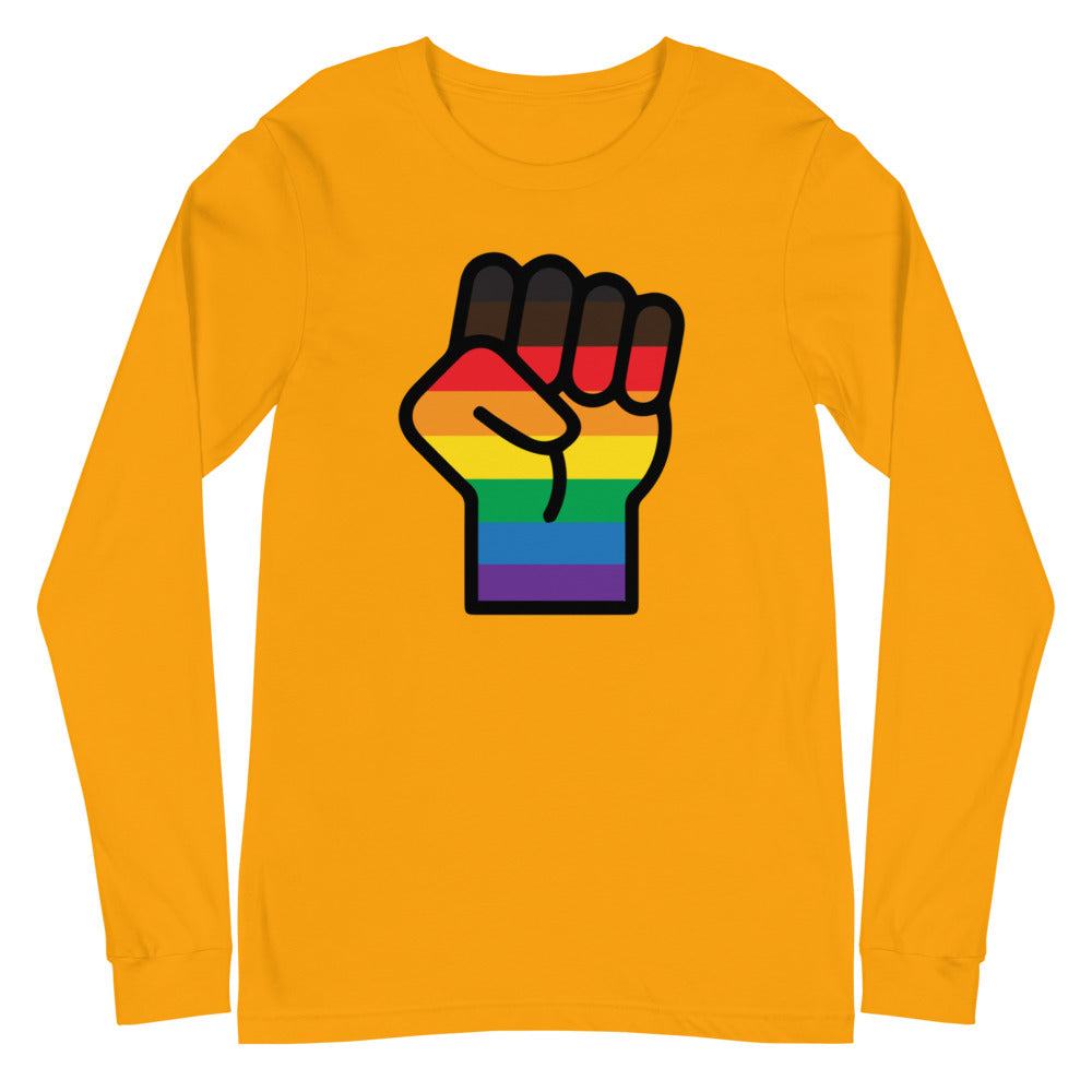 Front view of a gold long-sleeve shirt with a raised fist in rainbow Pride stripes