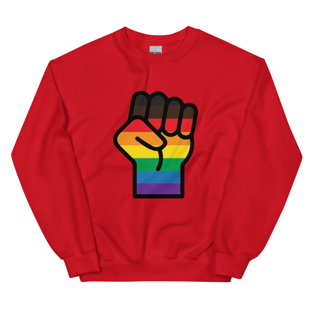 Red crewneck sweatshirt with a raised fist in rainbow Pride stripes