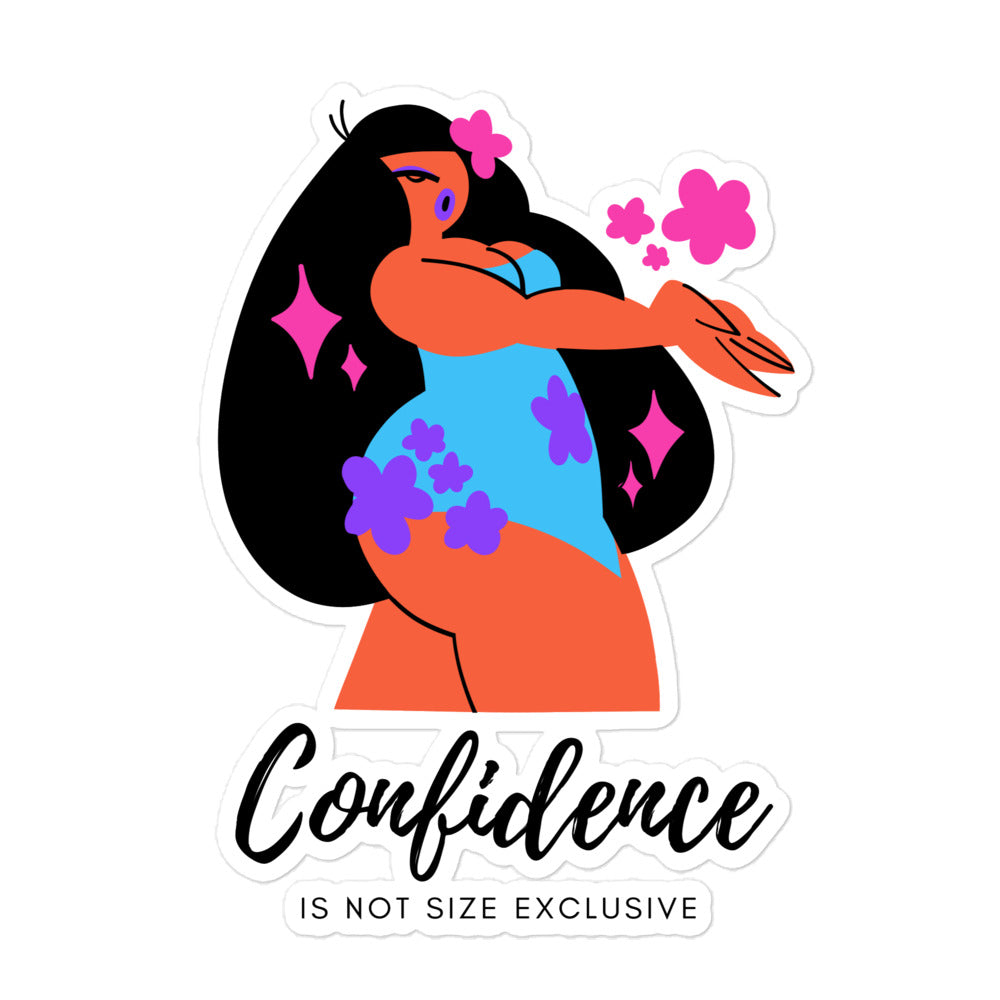 Sticker illustration of a curvy woman with flowers and the words “Confidence Is Not Size Exclusive”