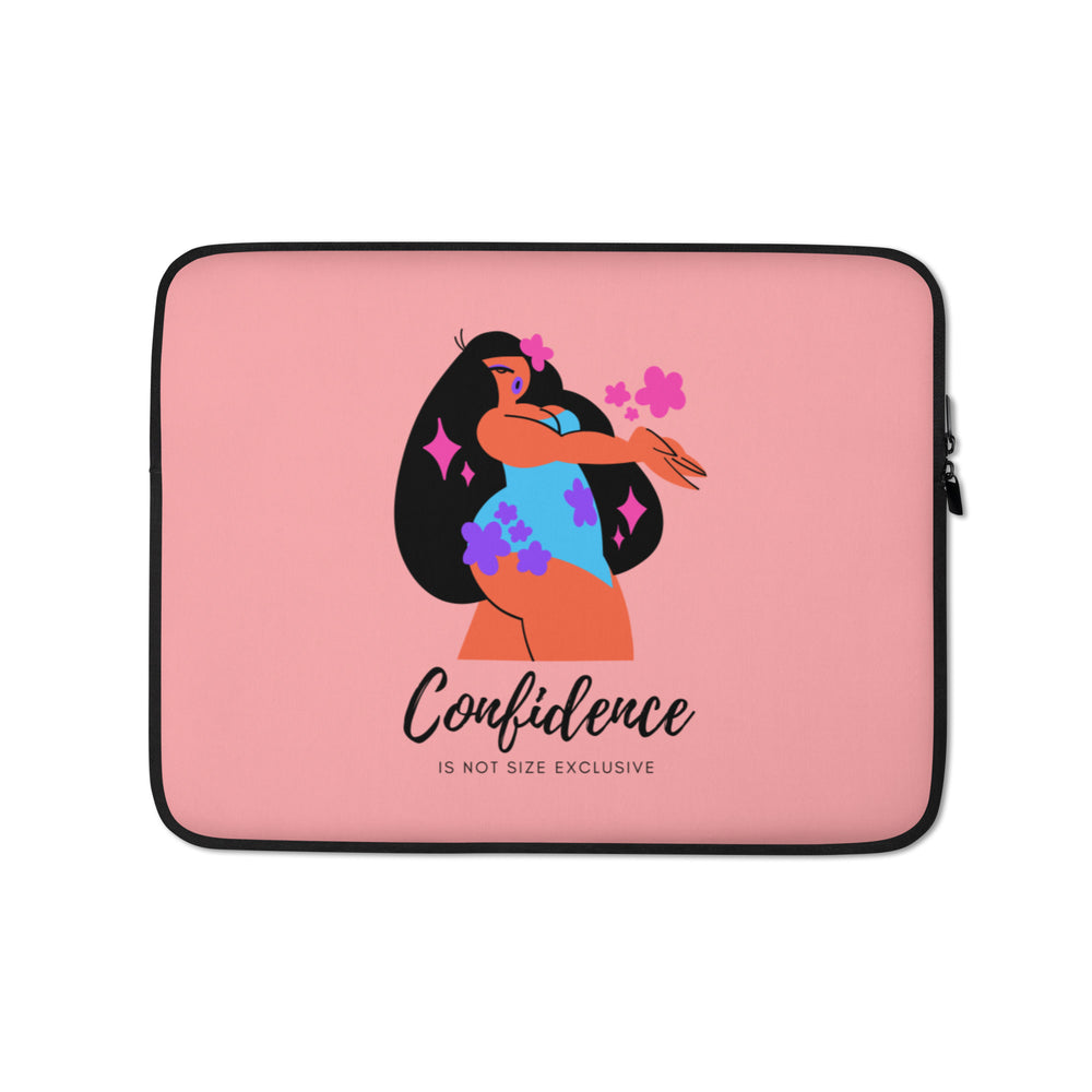 Front view of a pink laptop sleeve with a curvy woman illustration and “Confidence Is Not Size Exclusive”