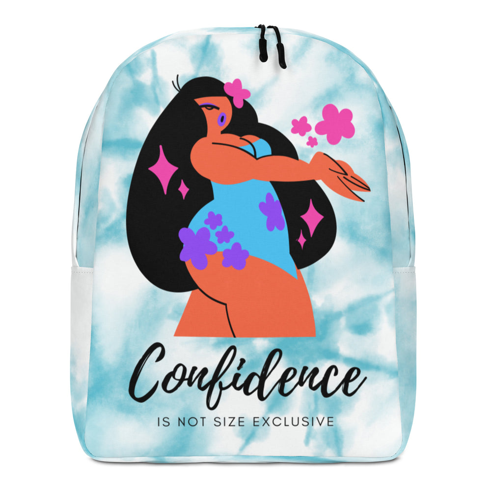Front view of a blue tie-dye backpack with a floral woman illustration and “Confidence is not size exclusive”
