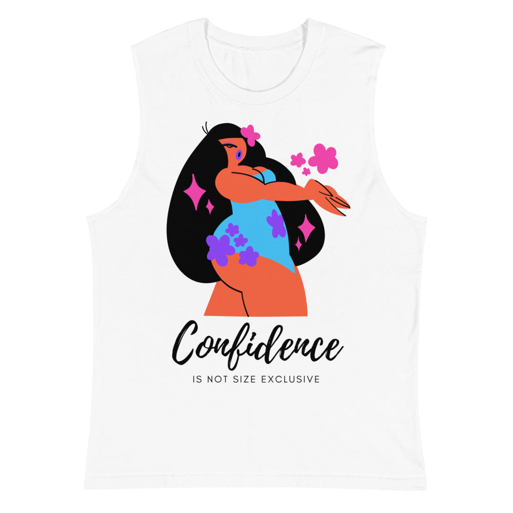 White sleeveless muscle top with a colorful woman illustration and “Confidence Is Not Size Exclusive” text