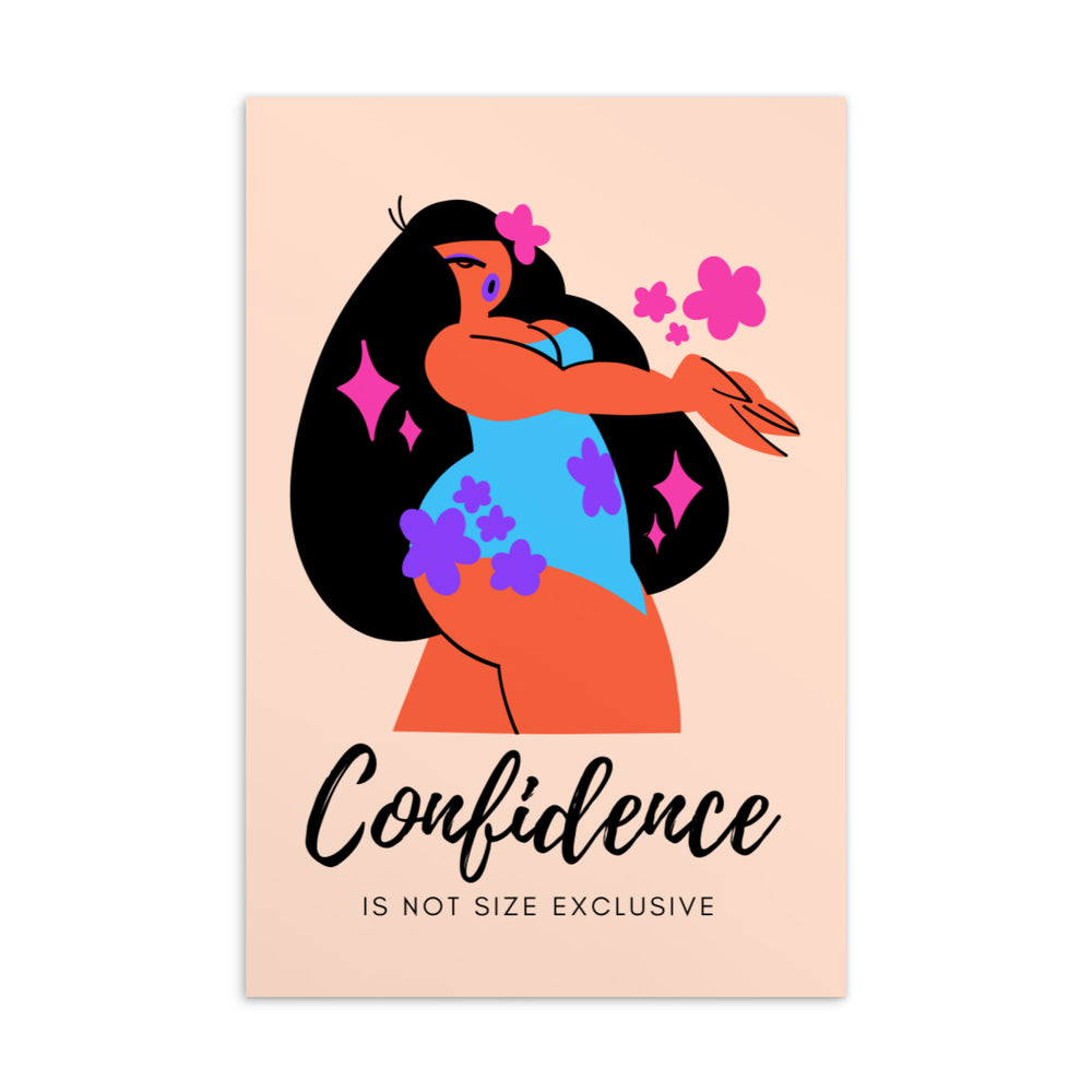 Illustrated postcard of a curvy woman in blue, with flowers and “Confidence is not size exclusive”