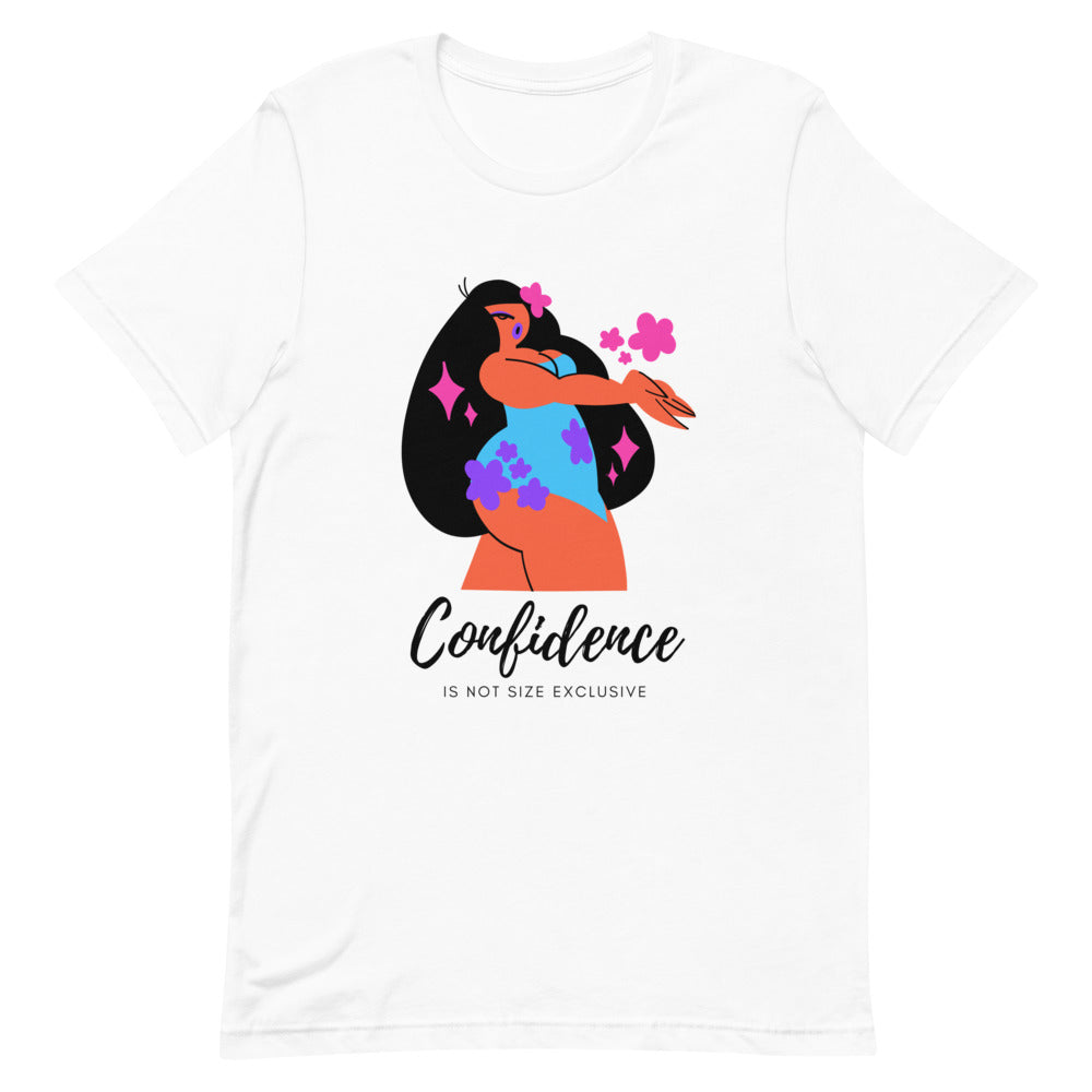 Front view of a white T-shirt with a colorful woman illustration and “Confidence Is Not Size Exclusive”