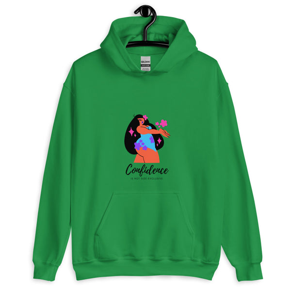Front view of a green hoodie with a colorful body-confidence graphic and kangaroo pocket