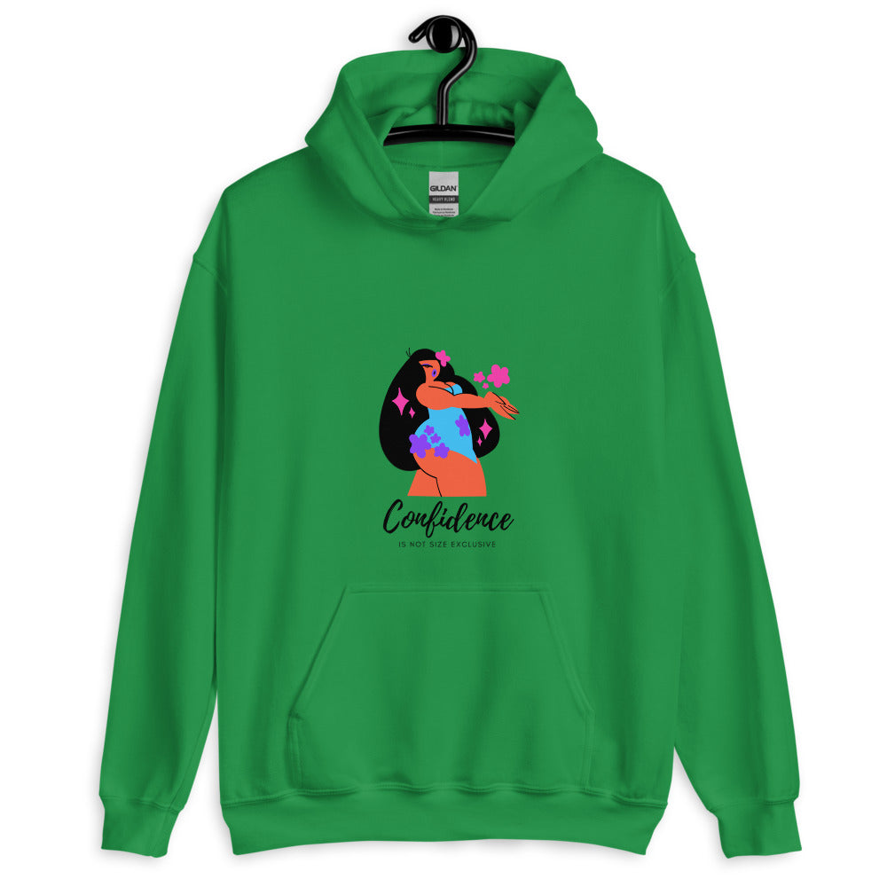 Front view of a green hoodie with a colorful body-confidence graphic and kangaroo pocket