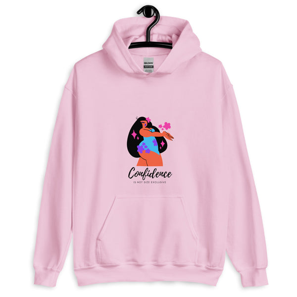 Front view of a pink hoodie with a confidence-themed illustrated figure and slogan