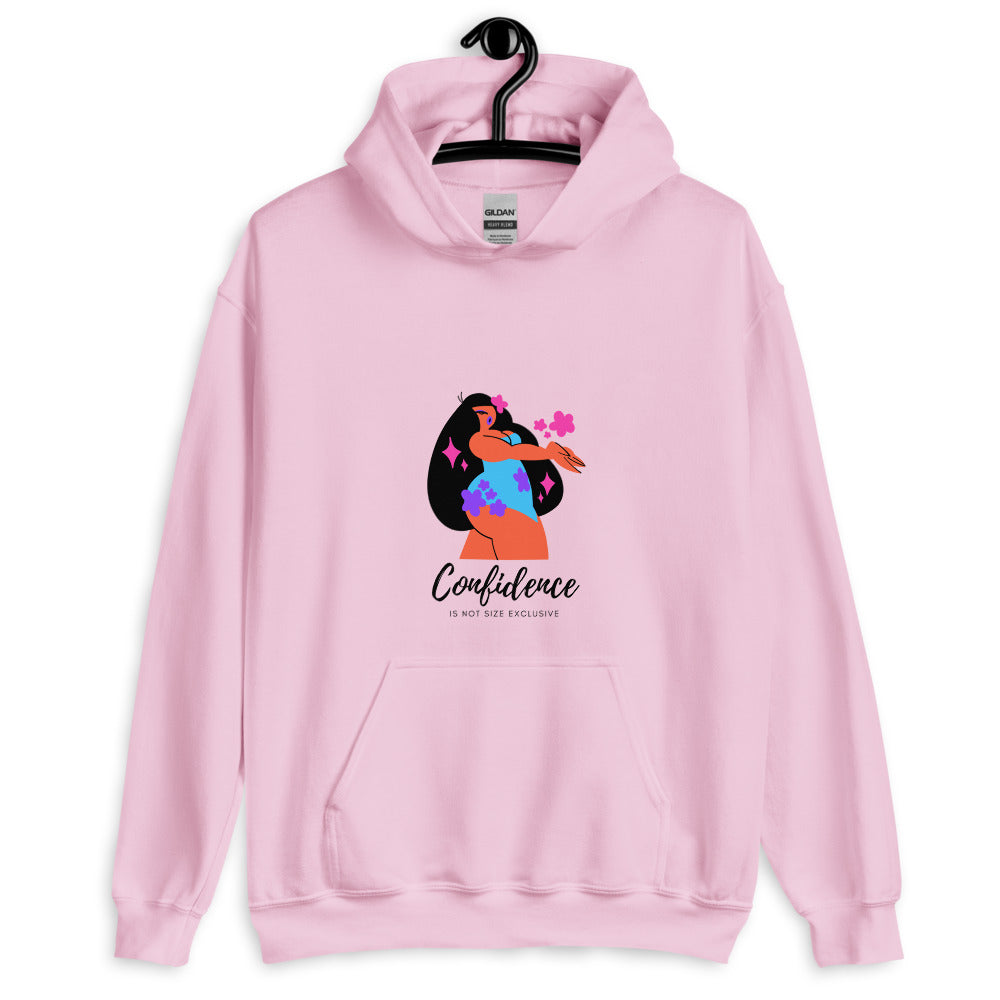 Front view of a pink hoodie with a confidence-themed illustrated figure and slogan