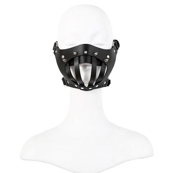 Front view of a black leather bondage muzzle with studs on a white mannequin