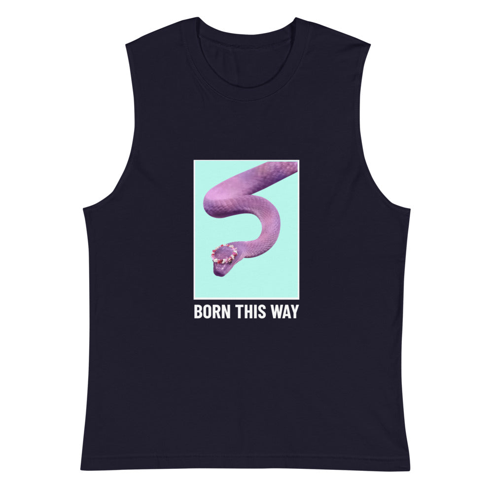 Front view of a dark navy muscle tank top with a purple snake graphic and “BORN THIS WAY” text