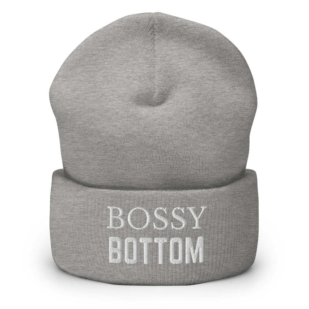 Front view of a heather-gray cuffed beanie reading “BOSSY BOTTOM” in white