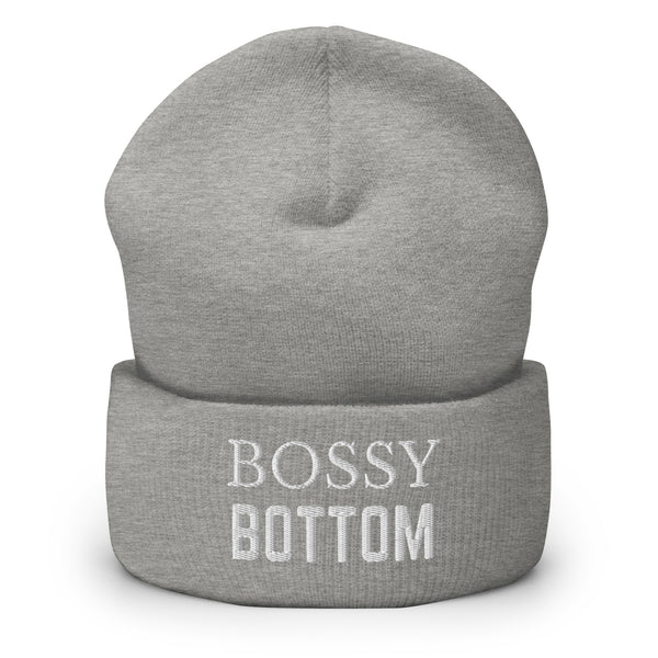 Front view of a heather-gray cuffed beanie reading “BOSSY BOTTOM” in white