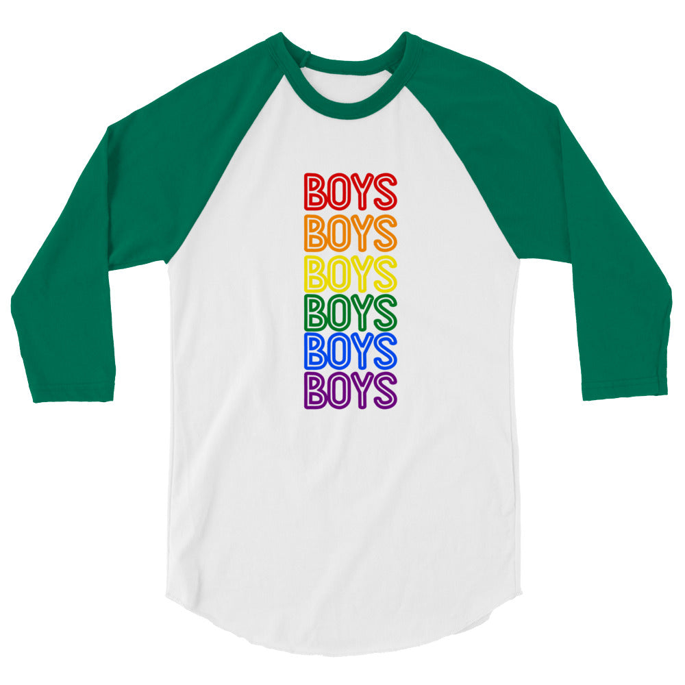 Front view of a white raglan shirt with green three-quarter sleeves and six colorful “BOYS” lines