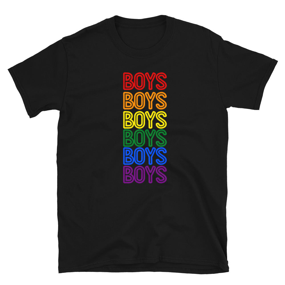 Black T-shirt with six stacked rainbow-outlined “BOYS” words