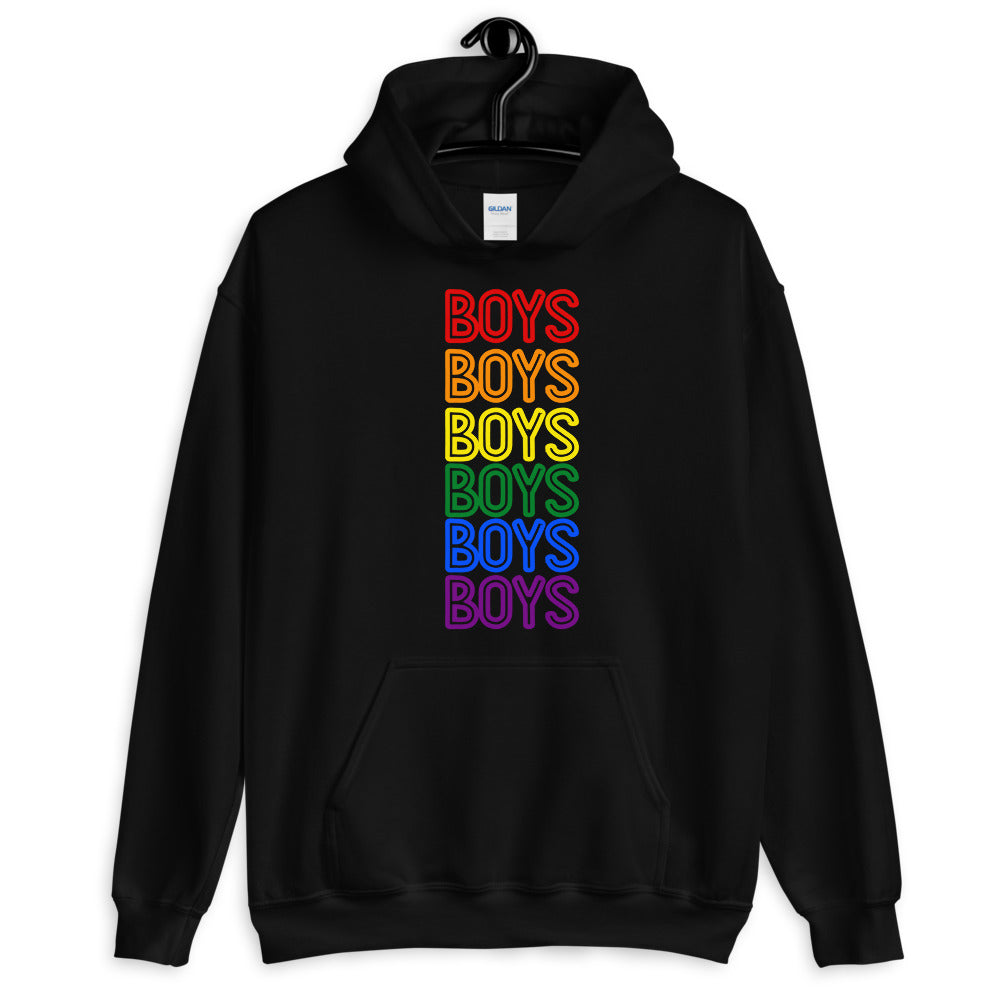 Black unisex hoodie with six stacked rainbow-colored “BOYS” prints and a front kangaroo pocket