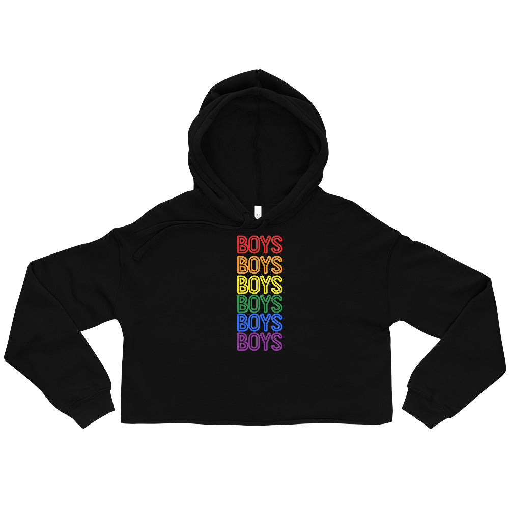 Black cropped hoodie with six stacked rainbow-outlined “BOYS” words and a hood