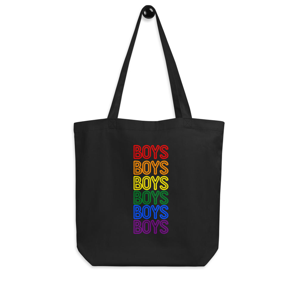 Front-facing black tote bag with six stacked rainbow-colored “BOYS” words