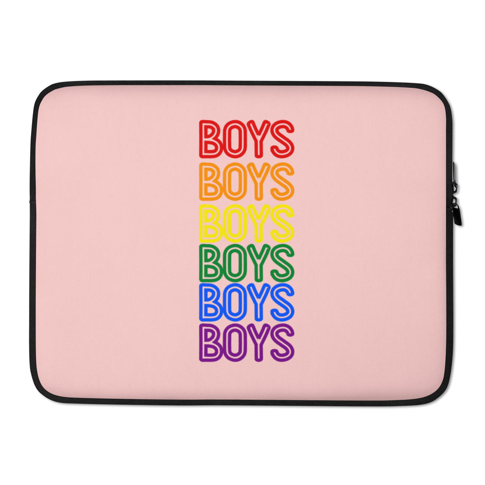 Pink laptop sleeve with black trim and six colorful stacked “BOYS” words