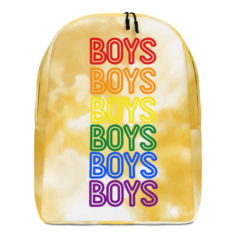 Front view of a yellow backpack with rainbow-colored “BOYS” text repeated vertically