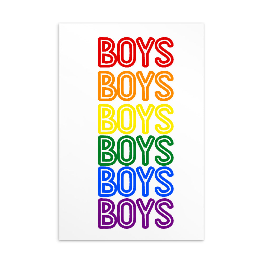 Postcard featuring “BOYS” repeated in rainbow-colored outlined lettering