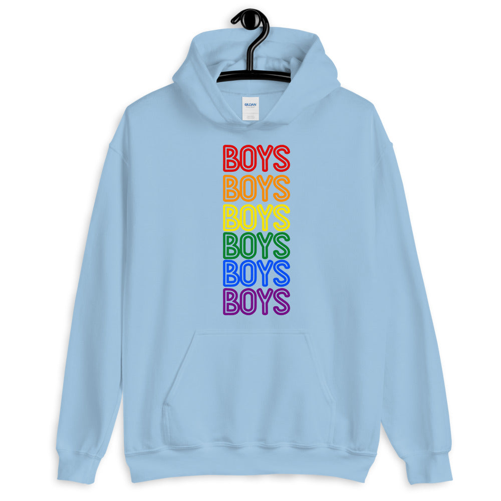 Light blue hoodie with rainbow-colored stacked “BOYS” lettering and a front kangaroo pocket