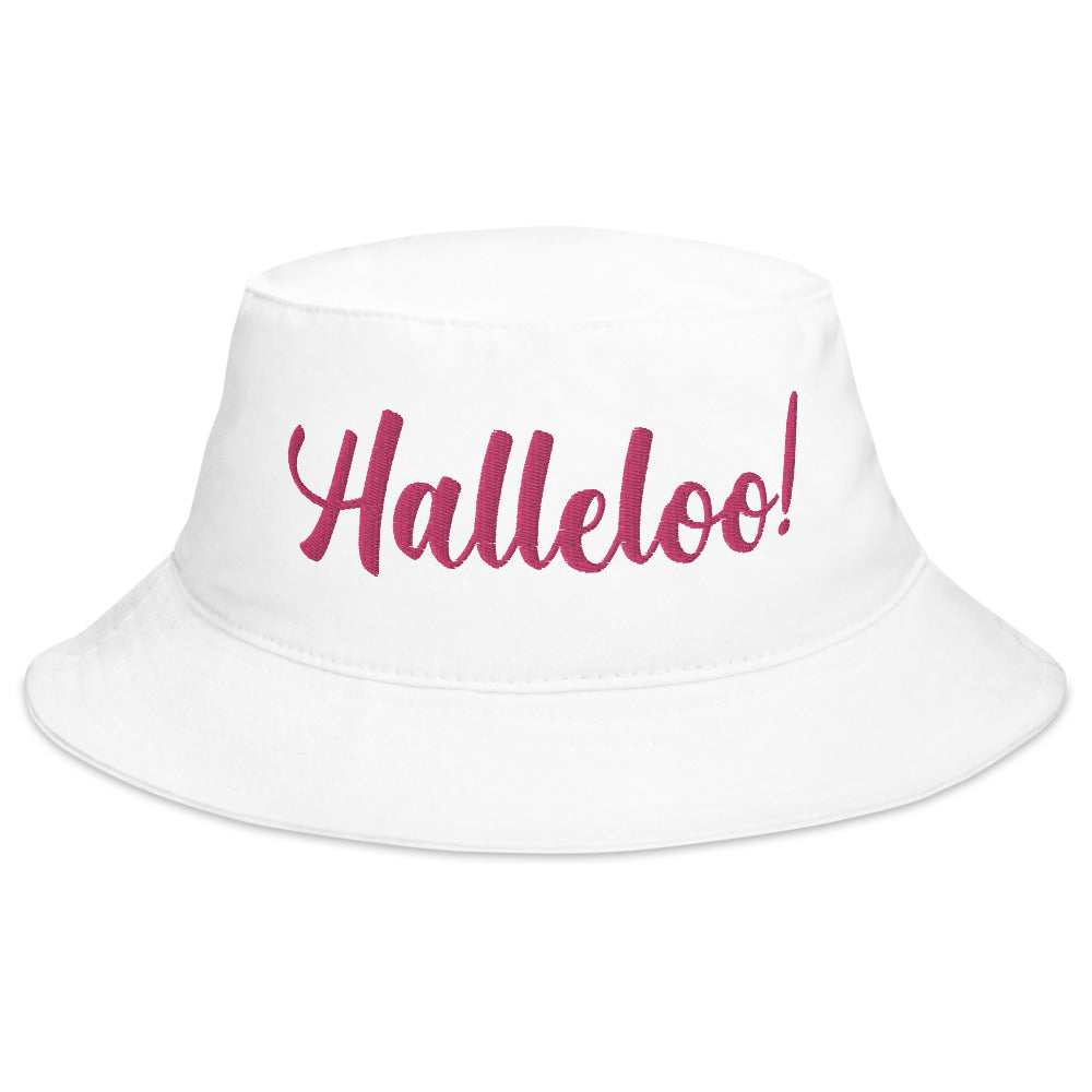 White bucket hat with pink embroidered “Halleloo!” lettering