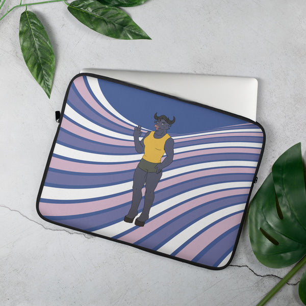 Laptop sleeve with a horned cartoon figure over wavy blue, pink, and white stripes