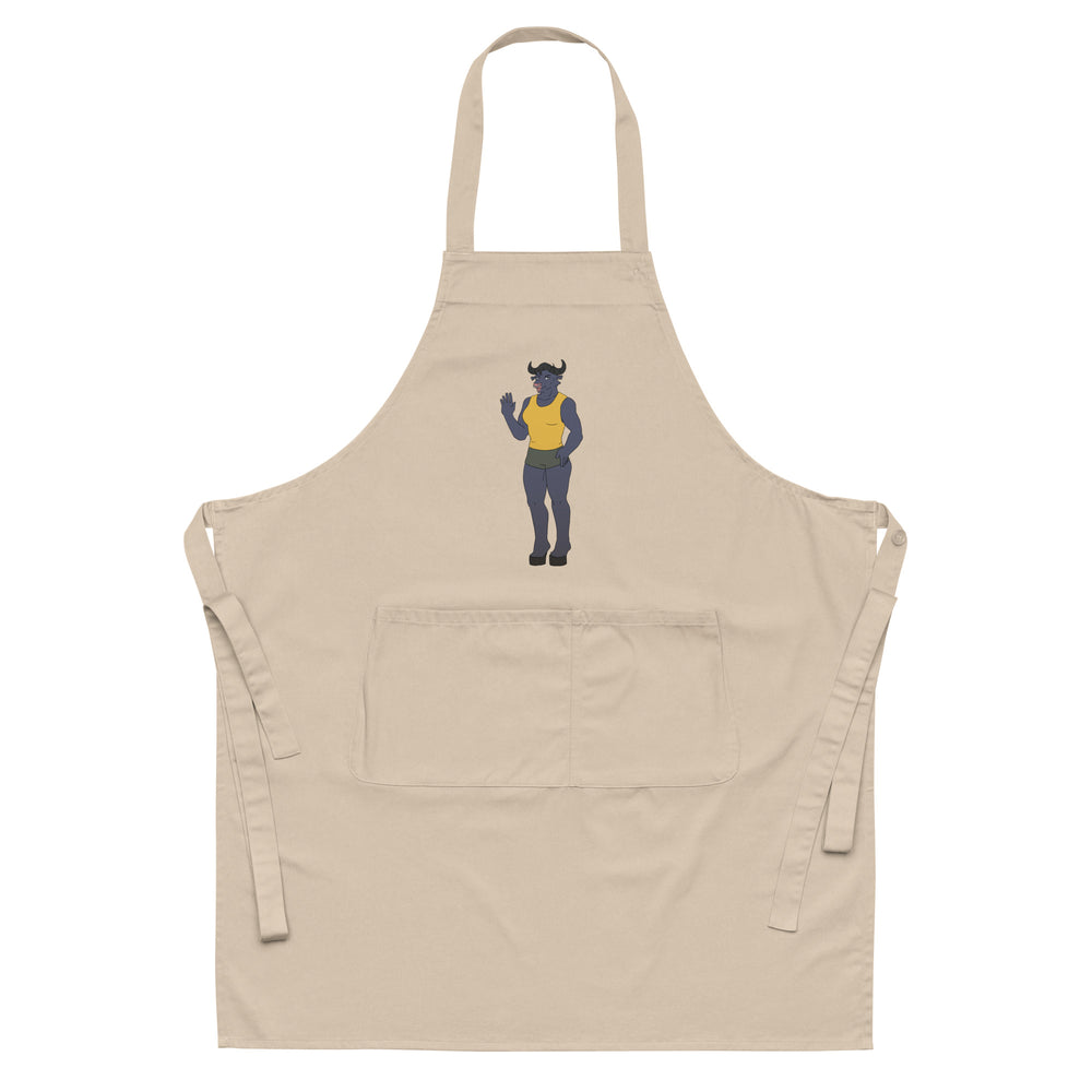 Front view of a beige apron with neck strap, waist ties, pocket, and horned character graphic