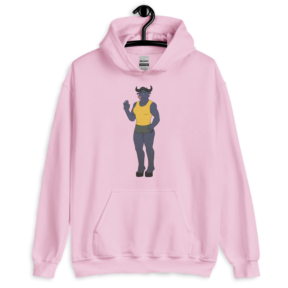 Front view of a light pink hoodie with a horned, muscular character graphic and kangaroo pocket