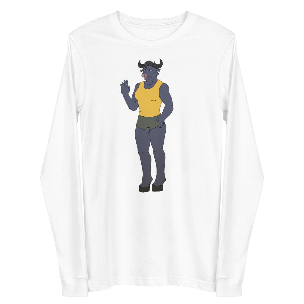 White long-sleeve shirt with a centered cartoon bull character in a yellow tank top