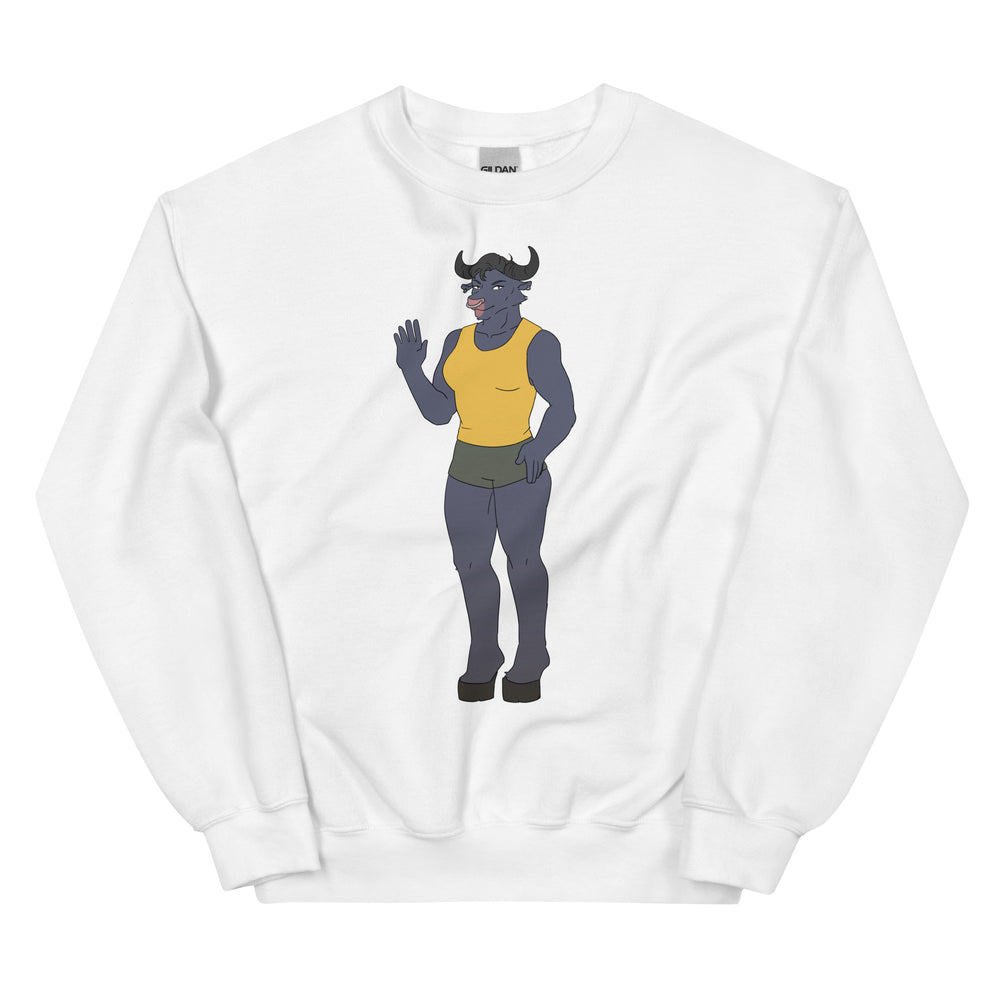 White sweatshirt with a centered cartoon bull character wearing a yellow tank top